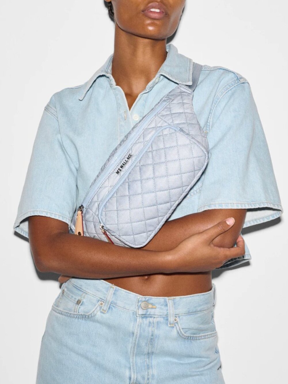 MZ Wallace Chambray Metro Quilted Sling - Light Blue Crossbody Belt Bag